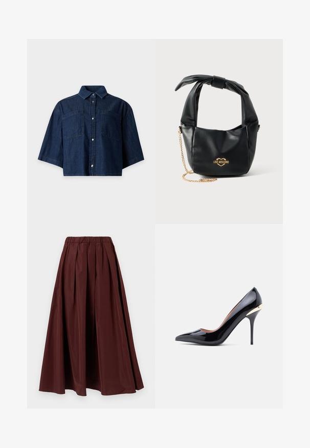 Chemise en jean bleu foncé courte avec manches courtes larges, deux poches poitrine à l'avant et fermeture à boutons devant sur fond clair.; Jupe longue bordeaux avec un design plissé et une ceinture élastique. Texture lisse, forme pleine, et longueur jusqu'au sol.; Chaussure à talon haut en cuir verni noir avec un bout pointu et un accent doré au talon. Texture lisse et silhouette élégante.; Sac à main Love Moschino en cuir noir souple avec poignée nouée et bandoulière chaîne dorée sur fond blanc.