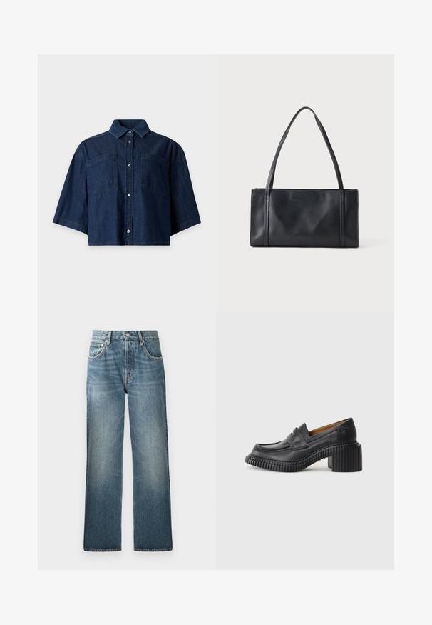 Mørkeblå cropped denimskjorte med korte brede ærmer, to frontlommer på brystet og knapper foran mod lys baggrund.; Blå denim jeans med et lige ben-design, der har en høj talje, fem lommer og en let falmet, tekstureret finish.; Sorte læderloafers med en tyk, rillede gummihæl. Har en rund tå og et vandret rem over vamps. Tekstureret sål.; Sort rektangulær lædertaske med to tynde skulderremme mod en ensartet lys baggrund.