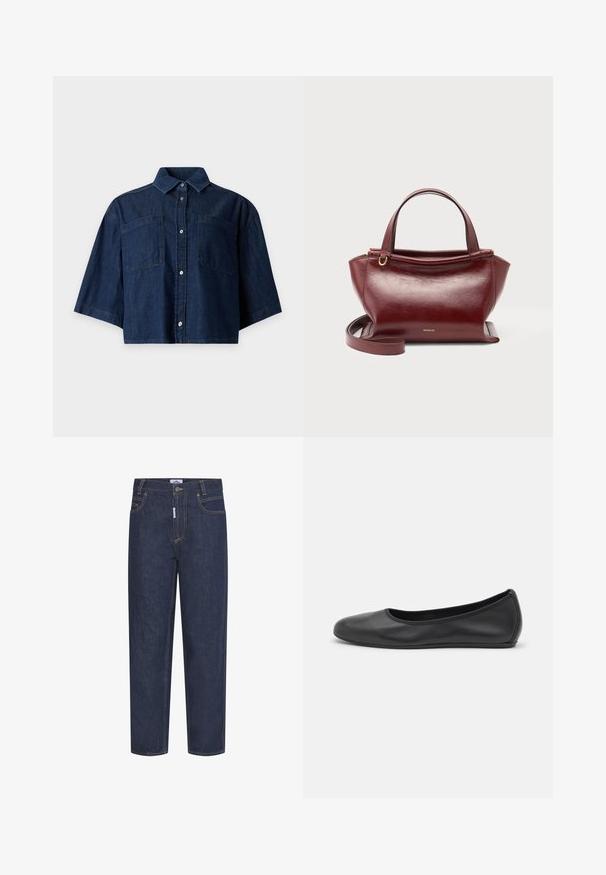 Camisa vaquera corta de color azul oscuro con mangas cortas y anchas, dos bolsillos delanteros en el pecho y cierre de botones delante sobre fondo claro.; Jeans de mezclilla azul oscuro con corte recto, con costuras naranjas, bolsillos frontales y cierre de botón. Tejido duradero con una textura suave.; Bailarina de piel negra con punta redondeada, textura suave, detalle de costura minimalista y diseño de suela flexible.; Bolso de cuero rojo oscuro con dos asas superiores, correa de hombro desmontable, herrajes dorados y el nombre de la marca Wandler en el centro delantero.