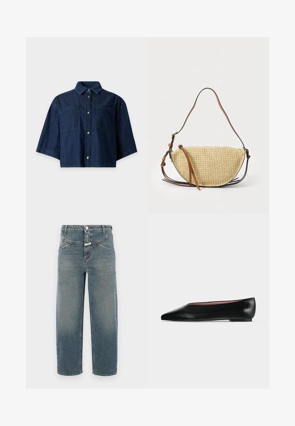 Donkerblauw cropped denim overhemd met korte wijde mouwen, twee borstzakken aan de voorkant en een knoopsluiting aan de voorkant tegen een lichte achtergrond.; CLOSED STOVER X - Jeans Tapered Fit - mid blue; Zwarte leren damesschoen met platte zool, puntige neus en lage hak, zijwaarts afgebeeld tegen een effen lichtgrijze achtergrond.; Geweven stro handtas in de vorm van een halve maan, met een bruine leren schouderband en accenten. Getextureerde, natuurlijke kleur met gladde randen.