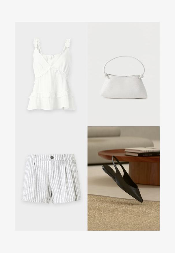 Blusa de tela blanca con tirantes con volantes y capas, que presenta un escote en V y un corte holgado. Confeccionada en material ligero, ideal para el clima cálido.; Pantalones cortos a rayas en gris claro y blanco, con cierre de botón, pliegues en la parte frontal y una tela suave y texturizada.; Zapato plano negro de punta puntiaguda con tira trasera cerca de una mesa redonda de madera con libros apilados sobre una alfombra beige en una sala de estar moderna.; Bolso de mano de cuero blanco tejido con asa redondeada y extremos de la correa anudados, exhibido sobre un fondo liso.