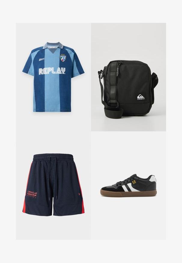 Denim-inspireret jersey med korte ærmer, der har et mørkeblåt og lyseblåt stribet design, V-hals, og "REPLAY" logoet præsenteret tydeligt.; Navy blå mesh shorts med røde sidestykker. Har en elastisk talje og snorelukning. Inkluderer logo broderi på venstre lår.; Sorte og hvide sneakers med overdel i ruskind og læder, der har hvide striber, sorte snørebånd og en brun gummisål. Guld logo detaljer.; Kompakt sort crossbody taske med justerbar rem, frontlomme med lynlås og et lille hvidt Quiksilver logo-patch.