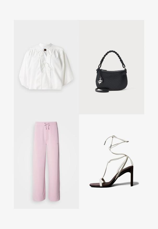 Blouse blanche avec des manches ballon froncées, un col haut, un lien de fermeture à l'avant et des plis verticaux, fabriquée dans un tissu léger et texturé.; Pantalons de survêtement rose clair avec une taille à cordon de serrage, jambes larges et ourlet replié. Présente un petit logo brodé sur le côté. Texture de tissu douce.; Sandale blanche à talons hauts avec des lanières en cuir lisse, un bout carré et une semelle intérieure marron texturée. Des cordons s'enroulent autour de la cheville, finis par des embouts métalliques.; Sac à main noir texturé avec poignée tressée, fermeture éclair et pendentif logo argenté sur un fond clair uni.