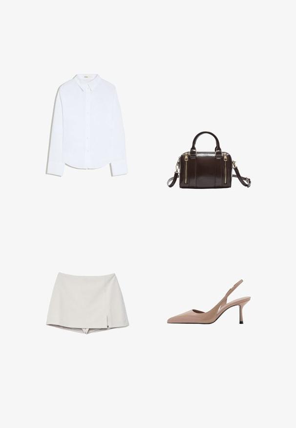 Hvid skjorte med lange ærmer, knapper, krave og manchetter, svagt buet kant, vist på en ensfarvet hvid baggrund.; Beige skort med høj talje og en lille frontslids på højre side, ser ud som en nederdel med korte bukser under.; Nude slingback højhælede sko med spids tå, glat tekstur og en tynd stilletto hæl. Udsnit på siden tilfører et unikt præg.; Mørkebrunt læderhåndtaske med to guld lynlåse på forsiden, dobbelte håndtag og en aftagelig skulderrem.