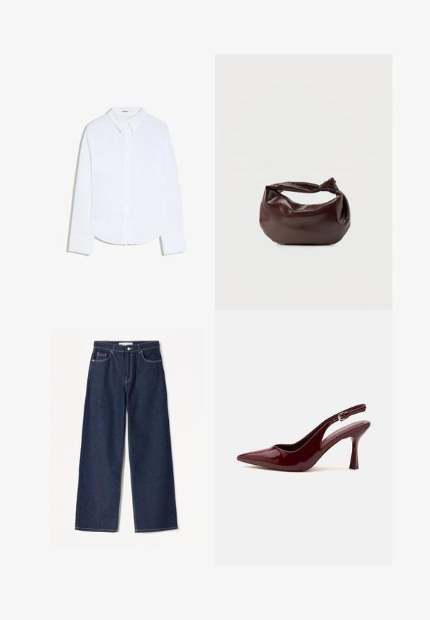 Wit overhemd met lange mouwen, knopen, kraag en manchetten, licht gebogen zoom, afgebeeld op een effen witte achtergrond.; Donkerblauwe wijdvallende jeans van denimstof met witte stiksels, heeft twee zijzakken en een klassieke knoopsluiting.; Glanzende donkerrode slingback pump met spitse neus, smalle verstelbare band en taps toelopende naaldhak op witte achtergrond.; Donkerbruine leren schoudertas met een zachte, slungelige vorm en een gedraaide knoopvormige handgreep op een effen witte achtergrond.