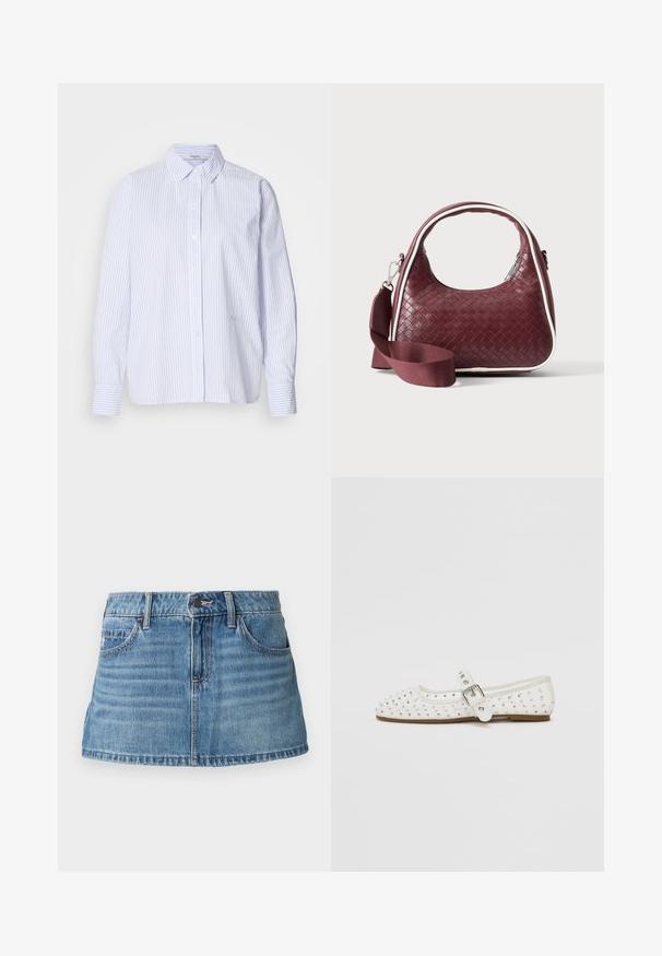Lichtblauw en wit gestreepte lange mouwen shirt met een button-down kraag, met een relaxte pasvorm en een zachte stoftextuur.; Lichtblauwe denim minirok met een gestructureerd ontwerp. Beschikt over voorzakken, riemlussen en subtiele vervaging voor textuur.; Witte platte schoen met een spitse neus, versierd met zilveren studs, beschikt over een gespsluiting over de wreef en een lichtbruine zool.; Donkerrode geweven leren handtas met gebogen handvat, witte bies, zilveren rits en afneembare brede stoffen schouderriem tegen een effen achtergrond.