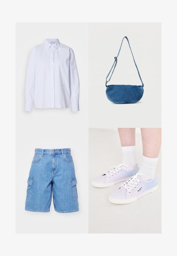 Chemise à rayures bleu clair et blanche à manches longues avec un col boutonné, présentant une coupe décontractée et une texture de tissu lisse.; Shorts cargo en denim bleu clair, avec deux poches latérales, une fermeture à bouton, des passants de ceinture et une coupe décontractée. Texture de tissu lisse.; Baskets en toile violet clair et bleu avec des lacets blancs et des semelles en caoutchouc, présentant un logo sur le côté et des panneaux de couleur contrastante.; Sac bandoulière en jean bleu avec sangle ajustable et petit logo métallique sur le devant, présenté sur fond blanc.