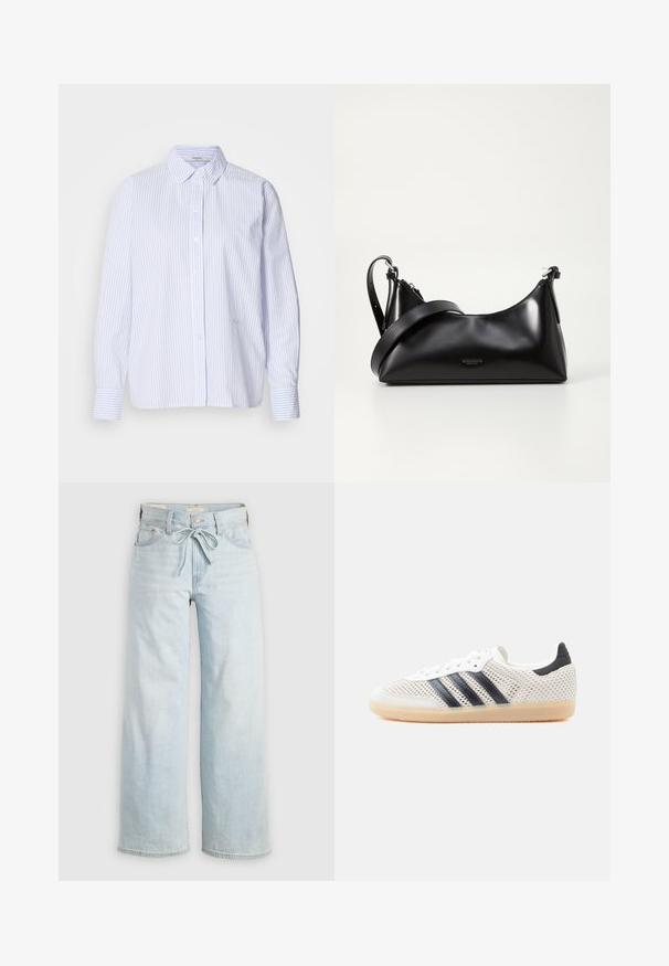 Helles blau-weiß gestreiftes Langarmhemd mit Button-Down-Kragen, das eine lockere Passform und eine glatte Stofftextur aufweist.; Helleblaue, weit geschnittene Jeans mit einer Bindeschlaufe, klassischem Fünf-Taschen-Design und subtilen Auswaschungen an den Beinen. Aus Denim-Material.; Weiße Mesh-Sneaker mit schwarzem Drei-Streifen-Design, abgerundeter Spitze und Gummisohle. Verfügen über einen weichen Fersenkragen und Schnürverschluss.; Schwarze lederne Handtasche mit glatter Textur. Verfügt über einen verstellbaren Riemen und ein elegantes, minimalistisches Design mit einem Reißverschluss.