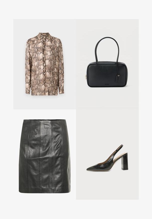 Chemise à manches longues présentant un motif imprimé serpent beige et marron foncé, fabriquée en tissu léger avec un col et une fermeture à boutons.; Jupe en cuir noir avec une silhouette ajustée, présentant des coutures verticales pour plus de texture et une finition lisse.; Chaussure slingback en cuir noir à bout pointu avec un talon bloc haut et une doublure intérieure beige sur un fond clair uni.; Sac à main rectangulaire noir avec doubles poignées arrondies, fermeture éclair dorée et logo "HUGO" embossé sur le devant avec une étiquette en cuir attachée.