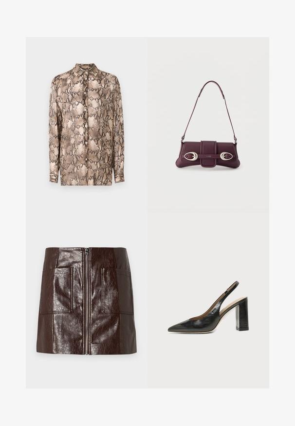 Chemise à manches longues présentant un motif imprimé serpent beige et marron foncé, fabriquée en tissu léger avec un col et une fermeture à boutons.; Mini-jupe en simili cuir marron avec une fermeture éclair à l'avant, deux grandes poches avant et une texture lisse et brillante.; Chaussure slingback en cuir noir à bout pointu avec un talon bloc haut et une doublure intérieure beige sur un fond clair uni.; Sac à bandoulière en cuir violet foncé avec boucles ovales argentées et logo "HUGO" sur le rabat avant, bandoulière fine, design minimaliste.