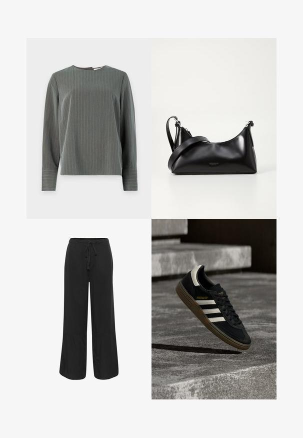 Grijs gestreepte lange mouw top met een ronde halslijn en een ontspannen pasvorm. Verticale strepen in lichtgrijs contrasteren met de donkerder stofstructuur.; Culture CUNAVI CLARINA - Broek - black; Zwarte Adidas sneaker met witte strepen en gumzool die boven grijze betonnen trappen zweeft in natuurlijk licht.; Zwarte leren handtas met een gladde textuur. Beschikt over een verstelbare schouderband en een strak, minimalistisch ontwerp met een ritssluiting.