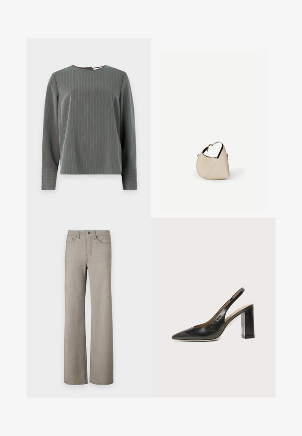 Top de manga larga a rayas grises con cuello redondo y corte relajado. Las rayas verticales en gris claro contrastan con la textura más oscura de la tela.; Pantalones de pierna ancha en un gris claro, con una tela texturizada y un acabado suave. Presenta un cierre de botón y un diseño de cinco bolsillos.; Zapato slingback de piel negra con puntera puntiaguda, tacón alto y ancho, y forro interior beige sobre un fondo claro y liso.; Bolso de cuero beige en forma de media luna con una sola correa para el hombro y costuras mínimas, colocado sobre un fondo blanco liso.