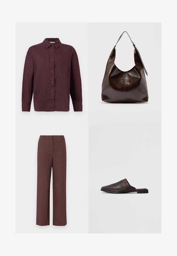 Camisa de manga larga con botones en color burdeos oscuro, con cuello puntiagudo y puños abotonados, mostrada sobre un fondo blanco.; Pantalones de pierna ancha marrones hechos de una tela texturizada con un acabado suave, que cuentan con un frente plano, pasadores para cinturón y bolsillos laterales.; Mule negro sin cierres hecho de material texturizado con un patrón de reptil, que presenta un tacón bajo y plano y un diseño de punta redondeada y abierta.; Bolso de hombro de cuero marrón oscuro brillante con una sola correa ancha y detalle de hebilla en un lado, colocado sobre un fondo claro y sencillo.