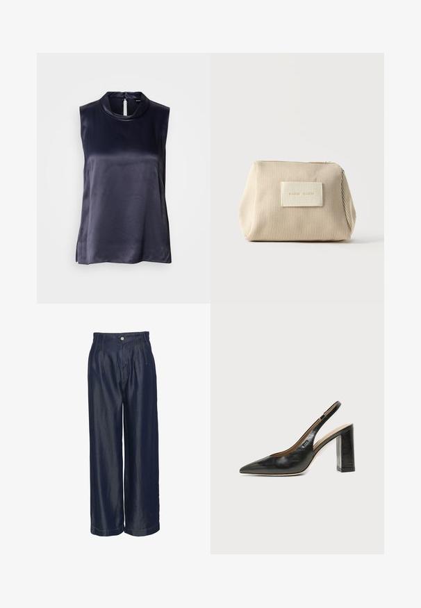 Ärmelloses Oberteil aus dunkelblauem Satin, mit hohem Kragen und einem Schlüssellochverschluss am Rücken. Glatte Textur mit leicht lockerem Sitz.; Marineblaue Jeans mit weitem Bein und hohem Bund, die über Frontfalten und goldene Nähte verfügt, eine glatte Textur hat und mit einem Knopfverschluss ausgestattet ist.; Schwarzer Leder-Slingback-Schuh mit spitzer Kappe, hohem Blockabsatz und beigegefüttertem Innenraum vor hellem, einfarbigem Hintergrund.; Beige gerippte Stofftasche mit Reißverschluss oben und rechteckigem Aufnäher mit erhabenem Text vorne, vor einem schlichten weißen Hintergrund.