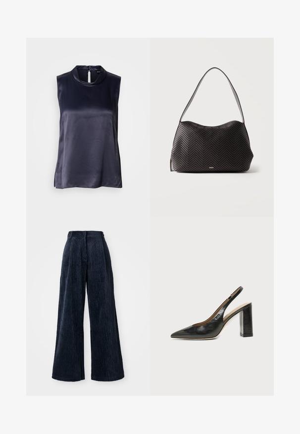 Haut sans manches en satin bleu marine foncé, doté d'un col montant et d'une fermeture en trou de serrure au dos. Texture lisse avec une coupe légèrement ample.; Pantalons en velours côtelé à jambes larges de couleur bleu marine foncé. Présentent une texture côtelée verticale et une taille haute, offrant une coupe ample et structurée.; Chaussure slingback en cuir noir à bout pointu avec un talon bloc haut et une doublure intérieure beige sur un fond clair uni.; Sac à épaule en cuir tissé noir avec une seule bandoulière et petit logo doré "BOSS" au centre devant.