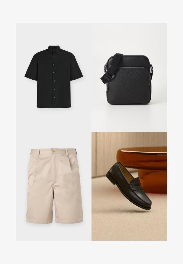 Chemise noire à manches courtes avec boutons, col et pressions en métal, avec un logo de marque embossé subtilement sur la poitrine.; Short beige longueur genou avec fermeture avant bouton et zip, passants pour ceinture et poches latérales.; Chaussure mocassin en cuir noir suspendue au-dessus d’un tapis beige avec du mobilier moderne couleur ambre en arrière-plan.; Sac bandoulière en cuir noir avec une surface texturée, doté d'une poche zippée à l'avant, d'une bandoulière ajustable et d'accents en métal.