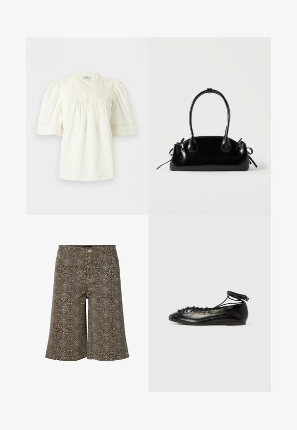 Blouse blanche à manches courtes avec encolure ronde, plis creux sur le devant et détails en dentelle, manches amples légèrement bouffantes.; Short en denim imprimé léopard marron et noir avec fermeture à boutons sur le devant et passants de ceinture, longueur genou.; Ballerines en cuir verni noir avec un bout rond, un design à lacets et une semelle plate. Texture lisse avec peu de détails.; Petit sac à main noir brillant avec deux longues anses et des détails à cordon sur les côtés sur un fond clair uni.