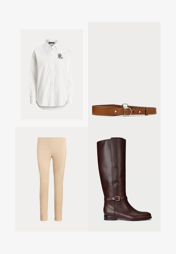 Wit overhemd met lange mouwen, knopen, een puntige kraag en een zwart geborduurd logo op de linkerborst.; Beige slim-fit enkellange broek met een gladde afwerking en zonder zichtbare zakken of versieringen op een effen achtergrond.; Bruine leren kniehoog laars met een gladde textuur, zilverkleurige gesp als accent en een lage, gestapelde hak. Bevat subtiele stikdetails.; Leren riem in bruin met een gladde textuur, voorzien van witte stiksels, een ronde zilveren gesp en een eenvoudig ontwerp met riemgaten.