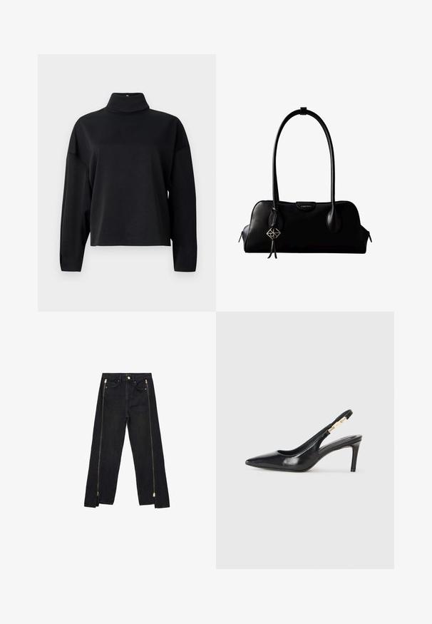 Sort langærmet top med høj mock neck, afslappet pasform, blød tekstur og sænkede skuldersømme. Ingen synlige mønstre eller udsmykninger.; Sorte denimjeans med lige ben-design, der har guld lynlåse langs siderne og almindelige lommer ved taljen.; Sort læder slingback højhælede sko med spidse tæer, glat overflade og en smal ankelrem med guldfarvede hardware detaljer.; Sort lædertaske fra Calvin Klein med lange håndtag, en forside-logo-tag og en sølv geometrisk vedhæng, der hænger fra det ene håndtag.