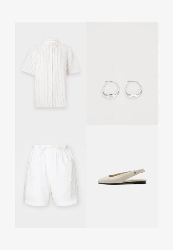 Camisa de botones de manga corta en color beige claro con finas rayas verticales. Confeccionada en tela ligera, cuenta con un cuello clásico y un dobladillo recto.; Pantalones cortos de algodón blancos con una cintura elástica, cordón de ajuste y dos bolsillos delanteros que presentan intrincados diseños bordados.; Zapato plano slingback de cuero color crema con puntera redondeada y pequeño emblema dorado en la correa.; Pendientes de aro de plata con un acabado pulido y la marca DKNY, exhibidos sobre un fondo blanco liso.