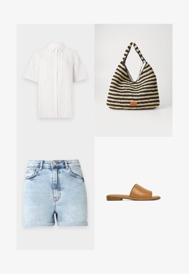 Camisa de botones de manga corta en color beige claro con finas rayas verticales. Confeccionada en tela ligera, cuenta con un cuello clásico y un dobladillo recto.; Pantalones cortos de mezclilla azul claro con cintura alta, cinco bolsillos y dobladillos enrollados. Presenta un sutil desvanecimiento y herrajes en tono cobre.; Sandalia marrón de cuero tipo slip-on con tacón bajo y suela cosida, mostrada de lado sobre un fondo blanco.; Bolsa tejida a rayas en negro y beige, con un diseño holgado, superficie texturizada y un pequeño parche de cuero.