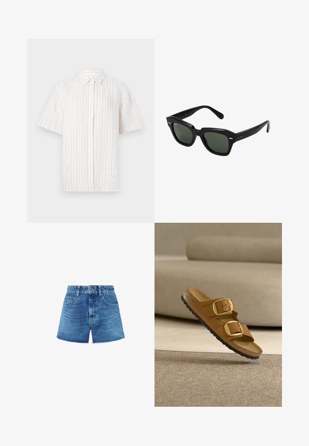 Kurzarm-Hemd in hellem Beige mit feinen vertikalen Streifen. Hergestellt aus leichtem Stoff mit klassischem Kragen und geradem Saum.; Hellblaue Jeansshorts mit hoher Taille, fünf Taschen, Gürtelschlaufen und einem rohen Saum. Der Stoff hat eine leicht verblasste Optik.; Braune Sandale mit zwei großen goldenen Schnallen und Korksohle, die über einem beigen Teppich und Sofa im Hintergrund schwebt.; Schwarze quadratische Sonnenbrillen mit dunkelgrünen Gläsern, ausgestattet mit markanten Rahmen und silbernen Akzenten an den Seiten. Hergestellt in Italien.