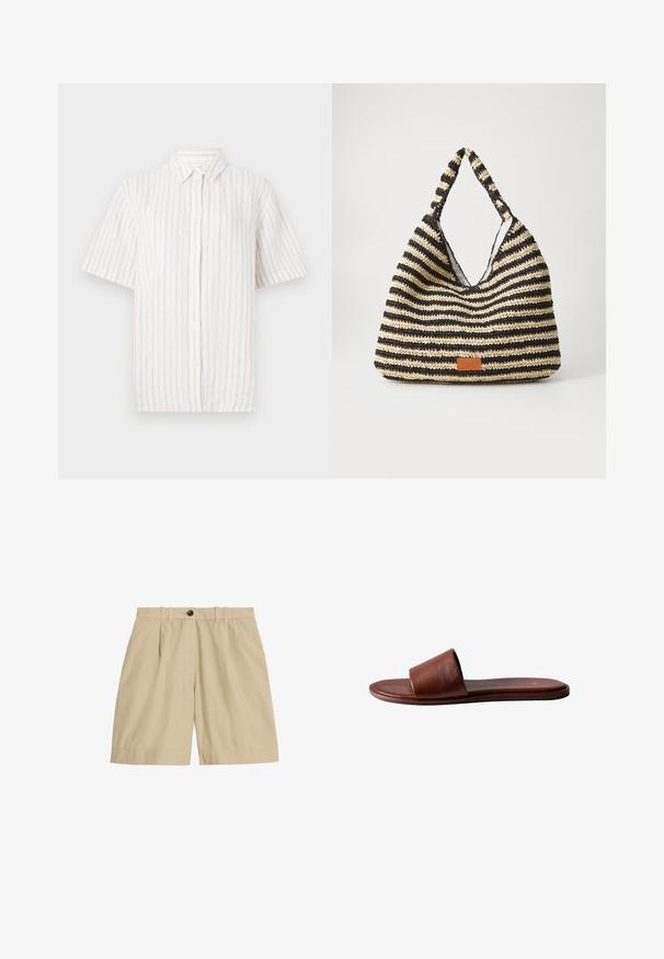 Kortærmet skjorte med knapper i lys beige med fine lodrette striber. Fremstillet af letvægtsstoffer med klassisk krave og lige kant.; Marks & Spencer PURE FRONT BERMUDA - Shorts - beige; Brun læder slide sandal med flad sål og bred rem over tæerne, vist fra siden på en hvid baggrund.; Stribet vævet taske i sort og beige, med et slouchy design, tekstureret overflade og et lille lædermærke.