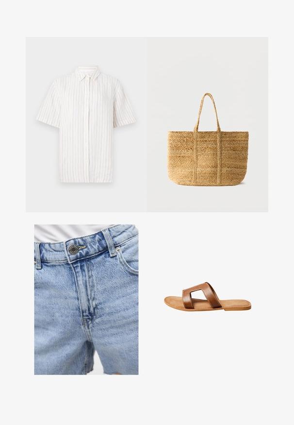Camisa de botones de manga corta en color beige claro con finas rayas verticales. Confeccionada en tela ligera, cuenta con un cuello clásico y un dobladillo recto.; Pantalones cortos de denim azul claro con cintura alta, costuras visibles, dos bolsillos delanteros y cierre de botón de metal. Textura suave.; Sandalia deslizante de cuero marrón con una correa ancha que presenta un recorte rectangular, suela plana y costuras blancas visibles sobre un fondo blanco.; Bolso tote rectangular de paja tejida con dos asas trenzadas, color natural tostado y patrón texturizado sobre un fondo liso y claro.