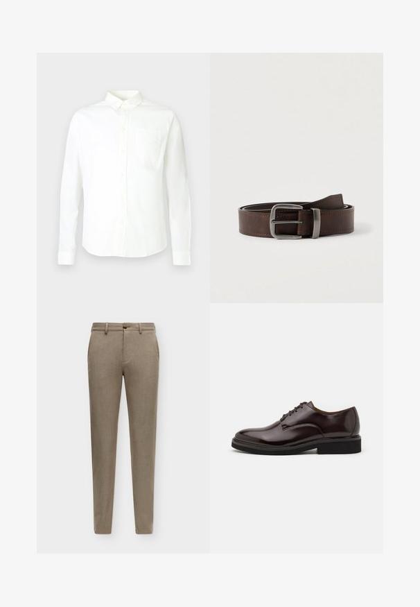 Chemise blanche à manches longues avec boutons, en coton, dotée d'un col pointu et d'une poche unique sur le côté gauche de la poitrine. Texture lisse.; Pantalon beige coupe slim avec passants de ceinture, bouton à l'avant et poches latérales, présenté sur un fond uni.; Chaussure Oxford en cuir marron avec une finition brillante, bout rond, lacets, et une semelle en caoutchouc noir épaisse. Détail de couture sur le dessus.; Ceinture en cuir marron foncé avec une boucle rectangulaire en argent, enroulée et placée sur un fond clair et neutre.
