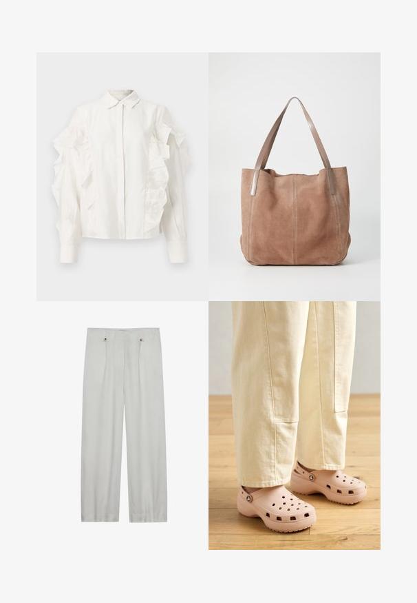 Witte blouse met gerimpelde mouwen, knoopsluiting aan de voorkant en een klassieke kraag. Gemaakt van lichtgewicht stof met een gladde textuur.; Lichtgrijze, wijde pantalon gemaakt van een zachte stof. Heeft twee voorplooien, twee knoopsluitingen en een gladde textuur.; Lichtroze klompen van rubber, met ventilatiegaten, een gevormde pasvorm en een geprofileerde zool voor grip. Draagt in combinatie met lichtbeige broek.; Anna Field LEATHER - Shopper - taupe