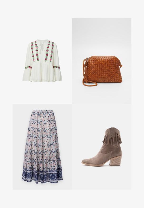 Blusa blanca de manga larga con bordado floral rosa y púrpura en la parte delantera y las mangas, con escote en forma de ojo de cerradura con lazo y puños acampanados.; Falda maxi floral con fondo gris, que presenta flores rosas y azules, diseño en capas y un dobladillo con patrón en azul marino. Cintura elástica.; Bota de tobillo de ante color topo con detalle de flecos, punta afilada y tacón de bloque apilado sobre fondo blanco.; Bolso cruzado de cuero trenzado marrón con cierre de cremallera, forma redondeada y una correa trenzada. Presenta una pequeña placa de logo rectangular.