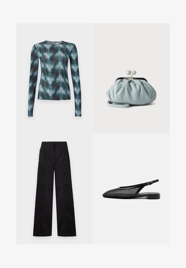 Haut ajusté à manches longues avec col rond, présentant un motif abstrait de coups de pinceau en turquoise, noir et blanc.; Pantalon noir taille haute à jambes larges avec des détails de coutures frontales et des poches latérales, présenté sur un fond clair uni.; Chaussure plate noire à bride arrière, bout pointu, tige en mesh, bride à boucle réglable et petit talon empilé sur fond blanc.; Petit porte-monnaie en cuir bleu clair avec fermoir métallique argenté de type kiss-lock et court bracelet de poignet sur fond uni.