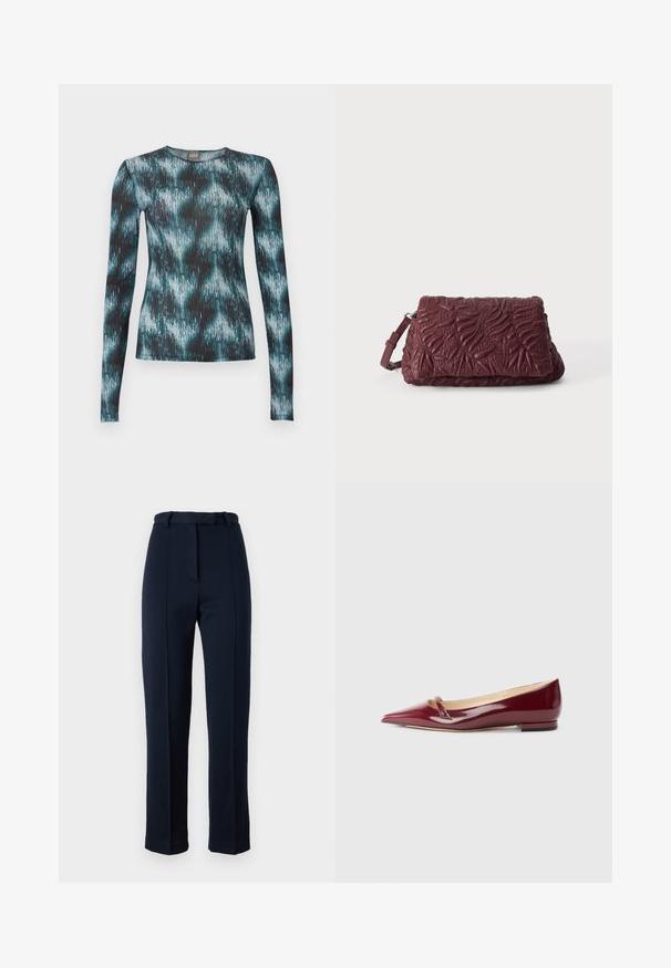 Haut ajusté à manches longues avec col rond, présentant un motif abstrait de coups de pinceau en turquoise, noir et blanc.; Pantalons ajustés bleu marine en tissu texturé ; dotés d'une taille avec passants de ceinture et d’un pli central à l'avant. Design slim et jambe droite.; Ballerines en cuir verni bordeaux avec un bout pointu, présentant un petit détail découpé et un petit talon. Texture lisse et design épuré.; Pochette en cuir texturé rouge foncé avec motifs de feuilles embossés et une bandoulière réglable sur un fond clair uni.