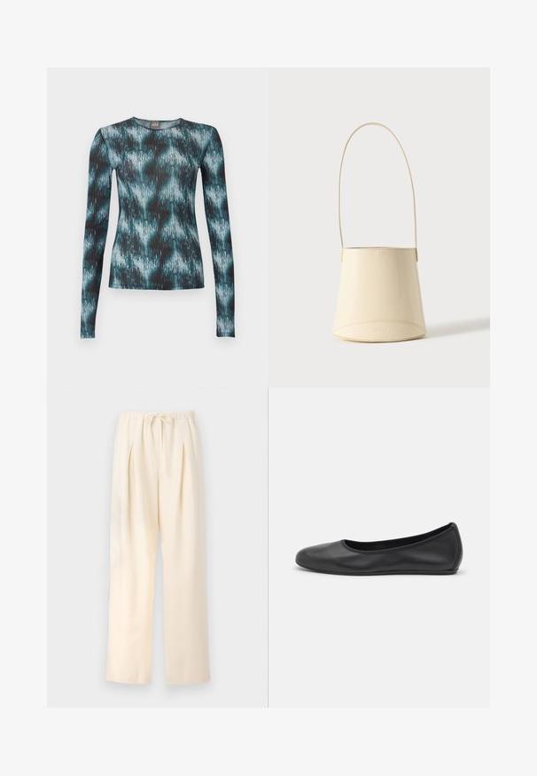 Top ajustado de manga larga con cuello redondo, con un patrón abstracto de pinceladas en tonos verde azulado, negro y blanco.; Pantalones plisados beige con cinturilla elástica y cordón ajustable. Tejido ligero y diseño de pierna ancha y recta.; Bailarina de piel negra con punta redondeada, textura suave, detalle de costura minimalista y diseño de suela flexible.; Bolso tipo bucket de cuero liso color crema con asa larga y nombre de la marca sutilmente grabado en relieve sobre fondo liso.