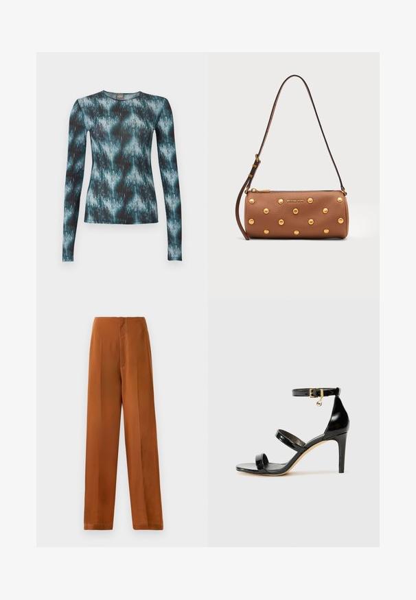 Haut ajusté à manches longues avec col rond, présentant un motif abstrait de coups de pinceau en turquoise, noir et blanc.; Pantalons à jambes larges d'une couleur brun chaud, avec une texture lisse, une taille haute et des coutures blanches contrastantes le long des coutures.; Sandale en cuir verni noir avec trois brides, boucle de cheville et talon aiguille de 10 cm. Présente un détail en métal doré et un charm logo.; Sac à main cylindrique en cuir marron avec clous dorés, bandoulière réglable et logo Michael Kors doré sur le devant.
