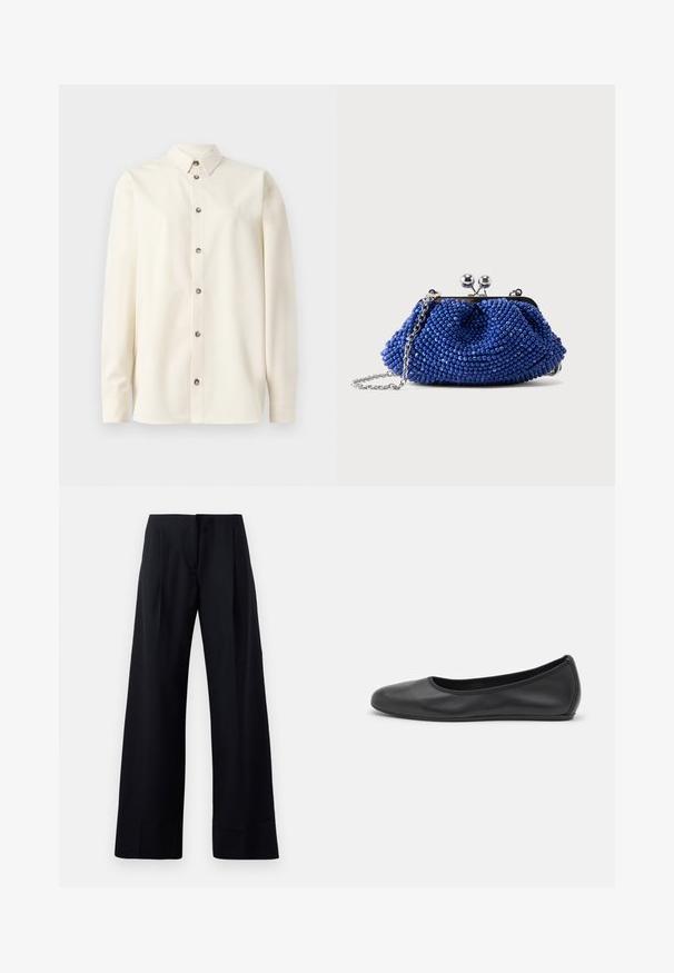 Soulland DAMON SHIRT - Blusa - white; Pantalones negros con rayas en pinstripe y un diseño de pierna ancha, que presentan pliegues marcados y un acabado limpio. Fabricados con una tela suave y liviana.; Bailarina de piel negra con punta redondeada, textura suave, detalle de costura minimalista y diseño de suela flexible.; Pequeño bolso de mano azul con cuentas, cierre plateado y correa de cadena, descansando sobre un fondo liso gris claro.
