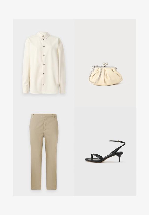 Soulland DAMON SHIRT - Blusa - white; Pantalones beige de corte recto, confeccionados en una tela lisa. Cuentan con una cremallera en la bragueta y passantes para cinturón; con costuras mínimas y sin patrones visibles.; Sandalia negra de cuero para mujer con tiras finas, un lazo para el dedo del pie, hebilla en el tobillo y tacón de aguja de altura media sobre un fondo neutro.; Clutch de cuero beige plisado con un marco de metal plateado, que cuenta con dos broches decorativos redondos y una correa de cadena plateada.