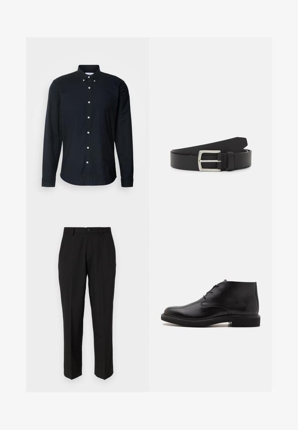 Camisa de botón de manga larga negra de algodón, con cuello puntiagudo, botones blancos y un dobladillo recto con puños abotonados.; Pantalones negros de tela suave, con un diseño de pierna recta, bolsillos delanteros, un cierre de botón y sin patrones visibles.; Bota de tobillo de cuero negro con tres ojales para cordones, puntera redondeada y suela plana sobre un fondo liso y claro.; Cinturón de cuero negro con hebilla de metal plateado. Presenta una textura suave y un diseño clásico con una sola punta.