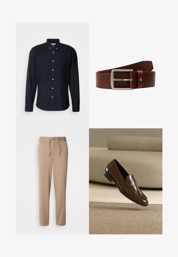 Schwarzes Langarmhemd aus Baumwolle mit Knopfleiste, spitzen Kragen, weißen Knöpfen und geradem Saum mit geknöpften Manschetten.; Beige Sweatpants aus weichem Baumwollmaterial, mit elastischem Bund, Kordelzug, slim fit und geraden Beinen ohne Muster.; Brauner Leder-Slipper mit strukturierter Musterung, der über einem beigen Teppich schwebt, vor einem beigen Sofa im Hintergrund.; Brauner Leder Gürtel mit einer rechteckigen silbernen Metallschnalle, die ein kleines Logo-Element auf dem Lederriemen hat. Glatte Textur, einfaches Design.