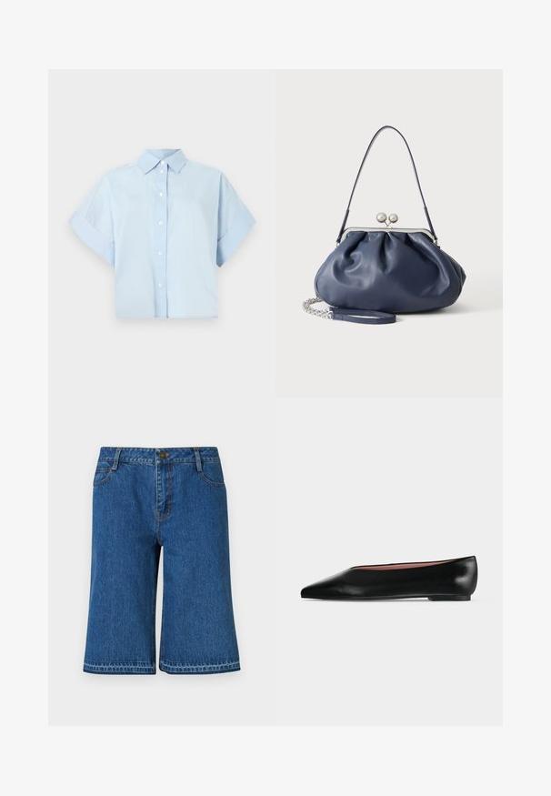 Hellblaues kurzärmliges Hemd mit Knöpfen, umgeschlagenen Manschetten und spitzem Kragen, abgebildet auf einem schlichten weißen Hintergrund.; Blaue Denim-Shorts mit geradem Schnitt, ausgestattet mit einem Bund, fünf Taschen und dezenten Nähten entlang der Säume.; Schwarzer flacher Damenleder-Schuh mit spitzer Kappe und niedrigem Absatz, von der Seite auf einfarbigem hellgrauem Hintergrund gezeigt.; Weiche navyblaue Ledertasche mit silberner Verschlussklammer, einem einzelnen Schulterriemen und abnehmbarem Ketten-Handgelenksriemen auf weißem Hintergrund.