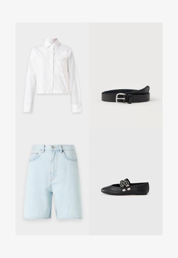 Chemise blanche à manches longues avec boutons, col et poche poitrine, présentée à plat sur un fond gris clair.; Shorts en denim bleu clair à taille haute, avec un design à cinq poches et une fermeture par bouton en laiton. Présente des coutures discrètes et des bords effilochés.; Chaussure plate en cuir noir avec bout pointu et deux brides avec boucles argentées sur le dessus, photographiée sur un fond clair uni.; Ceinture en cuir noir avec une boucle en métal argenté, dotée d'une finition lisse et de coutures le long des bords. Design classique.