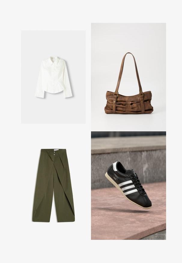 Chemise blanche à manches longues en coton. Dotée d'un col pointu, d'une fermeture à boutons sur le devant et d'un ourlet arrondi. Texture lisse, design minimaliste.; Pantalon large couleur vert olive avec un devant plissé, deux poches latérales et une fermeture à boutons. Confectionné en tissu texturé.; Baskets en cuir noir avec des rayures blanches et une semelle blanche, lacées, flottant au-dessus d'une surface en béton rosée avec un mur en pierre grise en arrière-plan.; Even&Odd Sac à main - brown