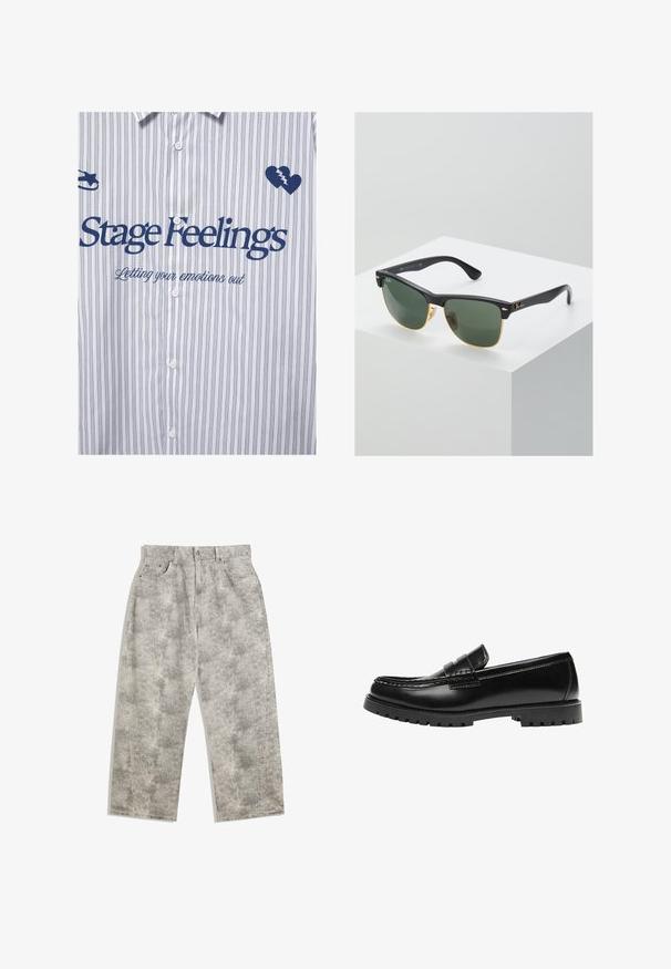Hvid skjorte med knapper og tynde lodrette striber, blå tekst "Stage Feelings" og "Letting your emotions out," ikoner af et knust hjerte og en sikkerhedsnål.; Lysegrå denimbukser med en afslappet, bred benpasform. Har en subtil marmoreret tekstur, fem lommer og frontlukkning med knap.; Sort læderloafer med en kraftig gummisål og klassiske penny-strap detaljer, vist fra ydersiden.; Ray-Ban solbriller med grønne linser, sorte plastikstel og gyldne detaljer ved kanterne. Firkantet form med mat finish.