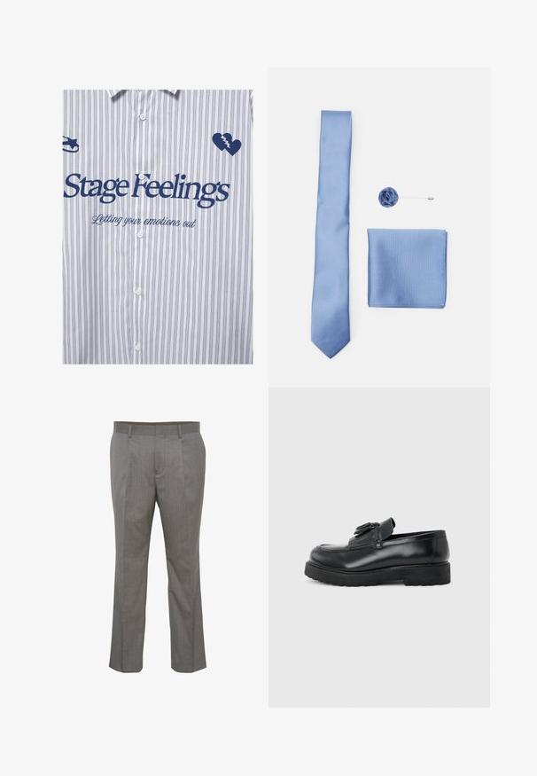 Weißes Hemd mit dünnen vertikalen Streifen, blauem Schriftzug "Stage Feelings" und "Letting your emotions out", einem zerbrochenen Herz und Sicherheitsnadel-Symbolen.; Grau gestreifte Hose mit gefaltetem Bund, aus leichtem Stoff, mit traditionellen schrägen Taschen und geradem Schnitt.; Schwarzer Leder-Slipper mit Quasten, dicke Gummisohle und niedrigem Absatz, im Seitenprofil vor einem einfarbigen Hintergrund gezeigt.; Helles blaues Seidenkrawatte mit einem diagonalen Rippmuster, begleitet von einem passenden Einstecktuch und einer floralen Reversnadel.
