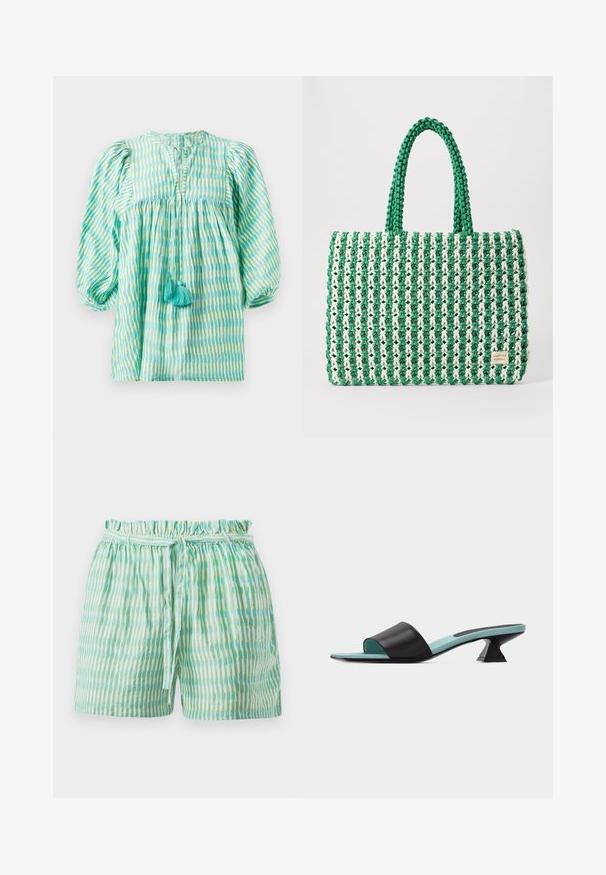Lightweight, teal and green striped blouse with puffed sleeves, gathered waist, keyhole neckline, and two turquoise tassels at the front.; Lightweight short pants with a stretchy, gathered waistband, featuring alternating vertical stripes in green and white with a tie belt.; Black open-toe mule with a wide strap, turquoise insole, and a short, uniquely shaped block heel on a white background.; Green and white woven tote bag with a structured rectangular shape, textured finish, and two sturdy handles. Features a logo tag on side.