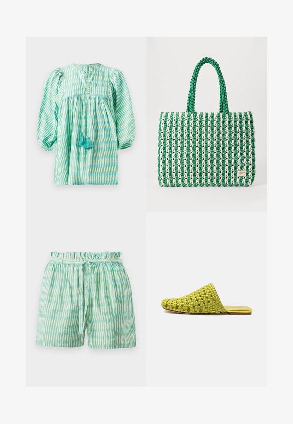 Blouse légère, à rayures turquoise et vertes, avec des manches bouffantes, une taille froncée, un décolleté en forme de clé, et deux pompons turquoise à l'avant.; Shorts légers avec une taille élastiquée froncée, ornés de rayures verticales alternées vertes et blanches, et munis d'une ceinture à nouer.; Mule en tissu vert à enfiler avec semelle plate et bout pointu fermé, conçue pour un usage décontracté.; Sac fourre-tout tissé vert et blanc avec une forme rectangulaire structurée, une finition texturée et deux poignées solides. Présente une étiquette de logo sur le côté.