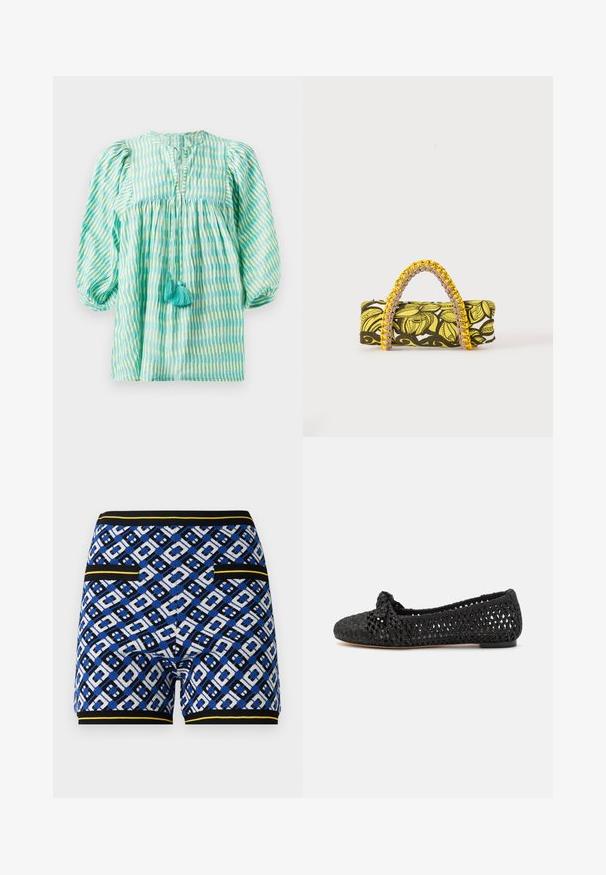 Lichtgewicht blouse in teal en groen met gestreepte patronen, met opgeblazen mouwen, geraffineerde taille, keyhole-halslijn en twee turquoise kwastjes aan de voorkant.; Gehaakte shorts met een blauw, zwart en wit geometrisch patroon, met contrasterende gele accenten en zijzakken.; Zwarte platte schoen met geweven textiel bovenkant, met een geknoopte accent op de teen. Glad zool, ronde teenvorm en open geweven ontwerp.; Rechthoekige tas met geel-zwart bloemenpatroon en gevlochten geel-roze handvat op witte achtergrond.