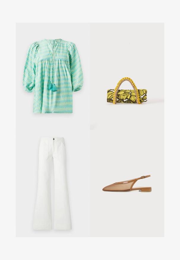 Blouse légère, à rayures turquoise et vertes, avec des manches bouffantes, une taille froncée, un décolleté en forme de clé, et deux pompons turquoise à l'avant.; Pantalon évasé blanc en tissu tissé, avec une ceinture tressée, deux poches avant et une texture lisse. Fermé avec un bouton noir.; Chaussure plate à bride arrière marron avec bout pointu, fine bride avec boucle et petit talon bloc sur fond blanc.; Sac rectangulaire avec motif floral jaune et noir et anse tressée jaune et rose sur fond blanc.
