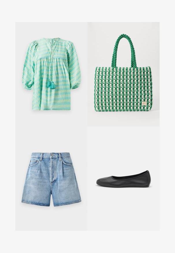 Lichtgewicht blouse in teal en groen met gestreepte patronen, met opgeblazen mouwen, geraffineerde taille, keyhole-halslijn en twee turquoise kwastjes aan de voorkant.; Lichtblauwe denim korte broek met een hoge taille, voorzien van een knoop- en ritssluiting, voorzakken en een ruwe zoom.; Zwarte leren ballerina met een ronde neus, gladde textuur, minimale stikdetails en een flexibele zoolontwerp.; Groene en witte geweven tote bag met een gestructureerde rechthoekige vorm, textuur afwerking en twee stevige handvatten. Heeft een logo label aan de zijkant.