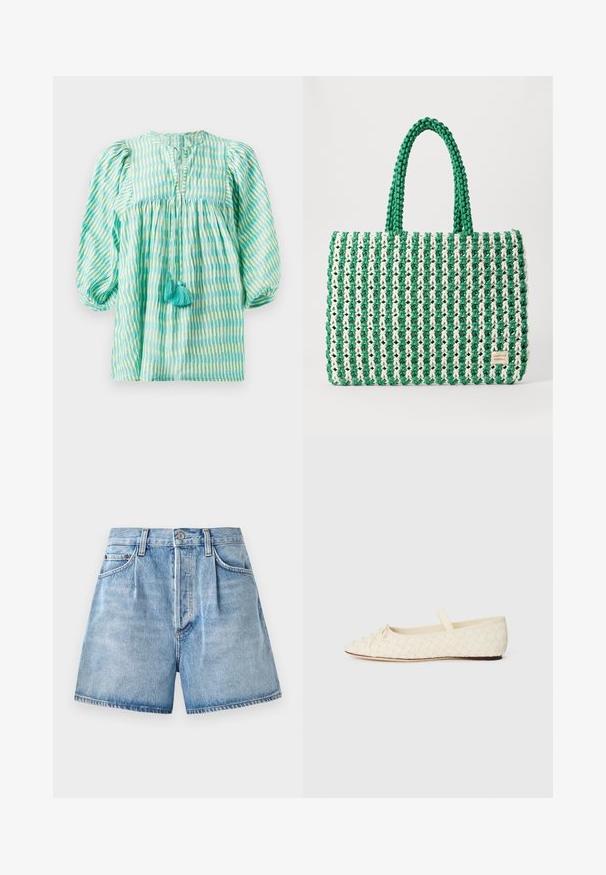 Blouse légère, à rayures turquoise et vertes, avec des manches bouffantes, une taille froncée, un décolleté en forme de clé, et deux pompons turquoise à l'avant.; Shorts en denim bleu clair à taille haute, présentant une fermeture à bouton et à zip, des poches avant et un ourlet effiloché.; Ballerines en matériau tissé crème, à bout pointu, avec un petit nœud à l'avant et une bride sur le dessus. Semelle plate.; Sac fourre-tout tissé vert et blanc avec une forme rectangulaire structurée, une finition texturée et deux poignées solides. Présente une étiquette de logo sur le côté.